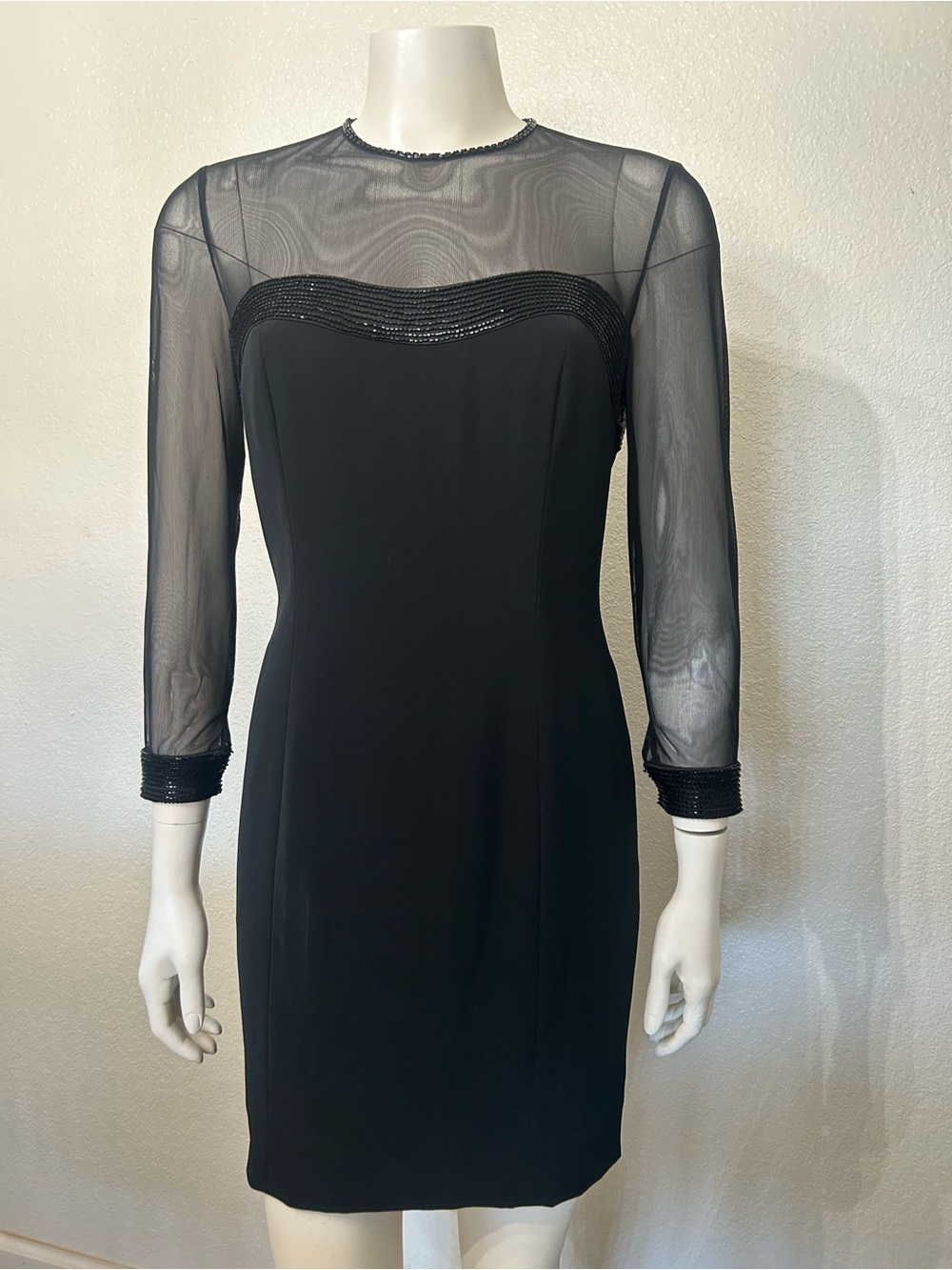 Oleg Cassini Black Sheer-Sleeve Cocktail Dress